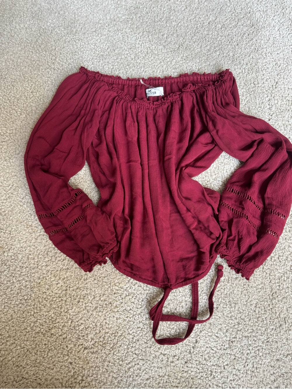 Hollister Off-Shoulder Wine Red Peasant Blouse boho long sleeve
